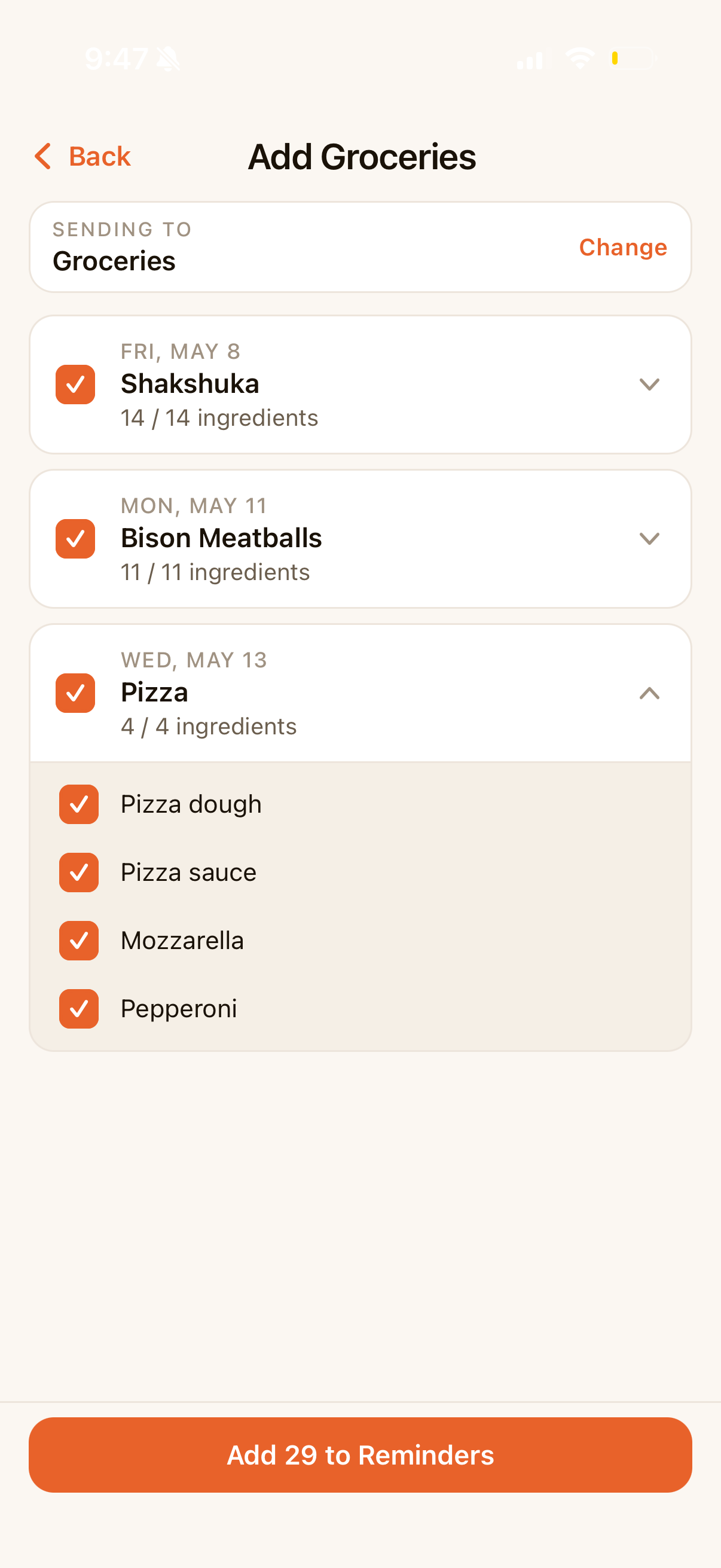 Sunday Table Add Groceries flow sending ingredients to Apple Reminders