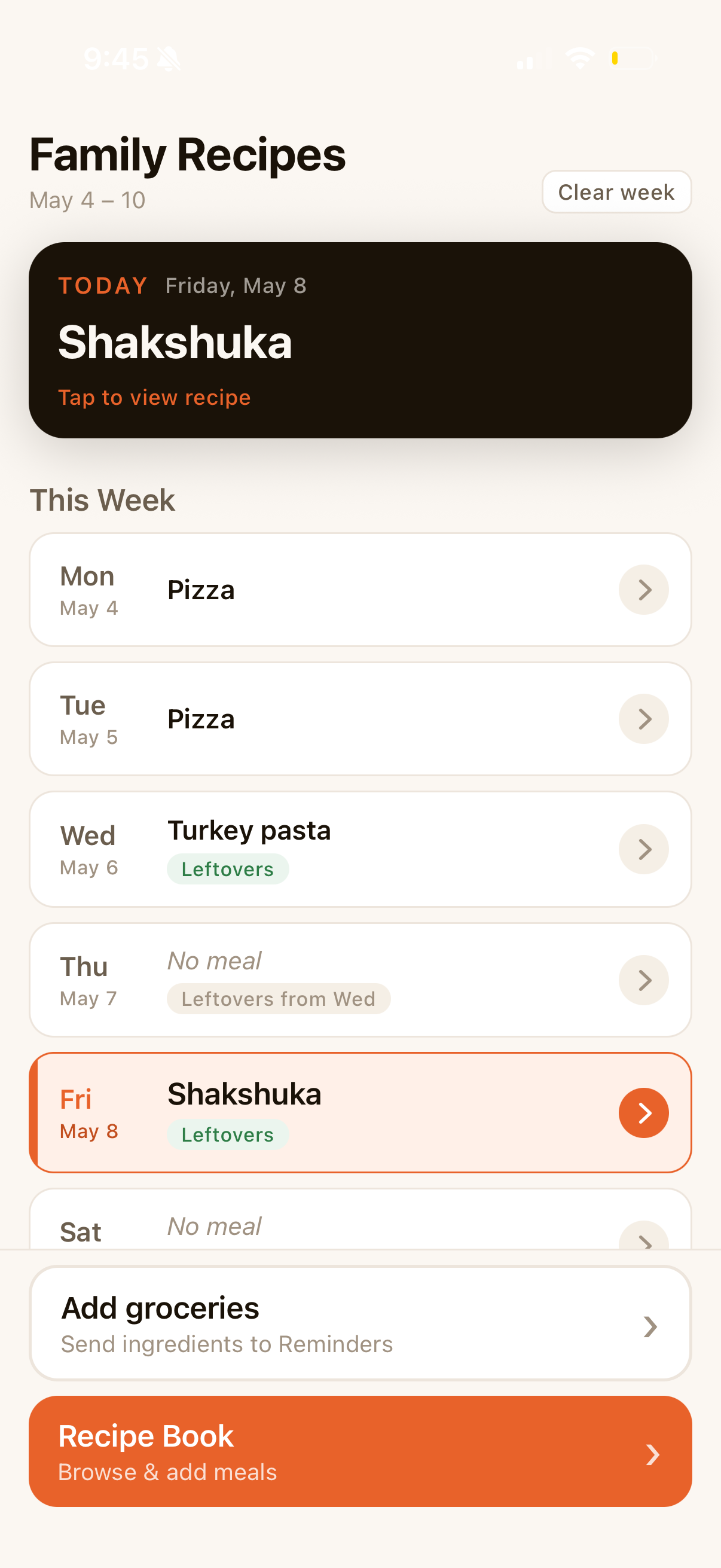 Sunday Table weekly meal plan showing today's meal and the rest of the week