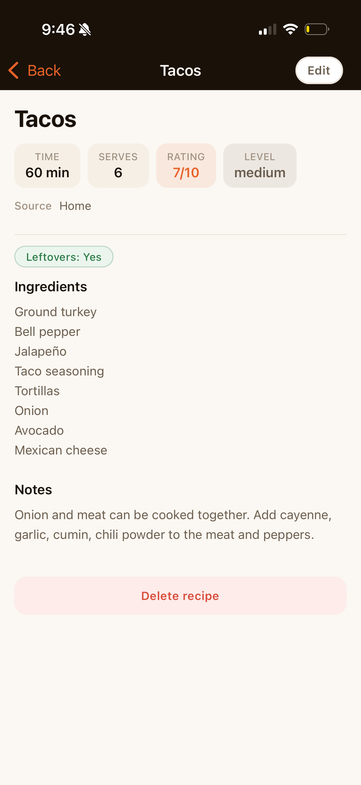 Sunday Table recipe detail view for Tacos with ingredients and notes